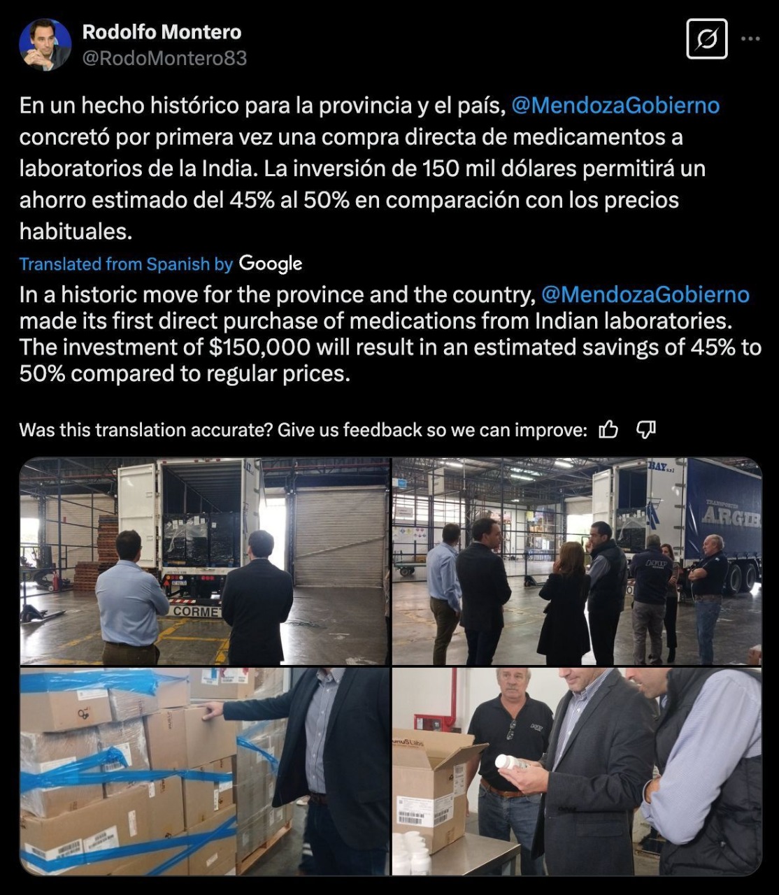 Medication shipment arriving in Mendoza, Argentina